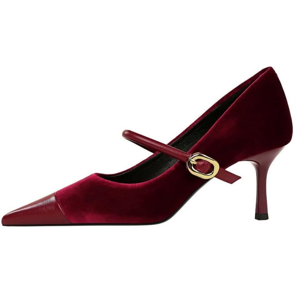 Women's Burgundy Pointed Toe Stiletto Slip On Single-Strap Comfortable Pump Heel - Picture 4 of 6